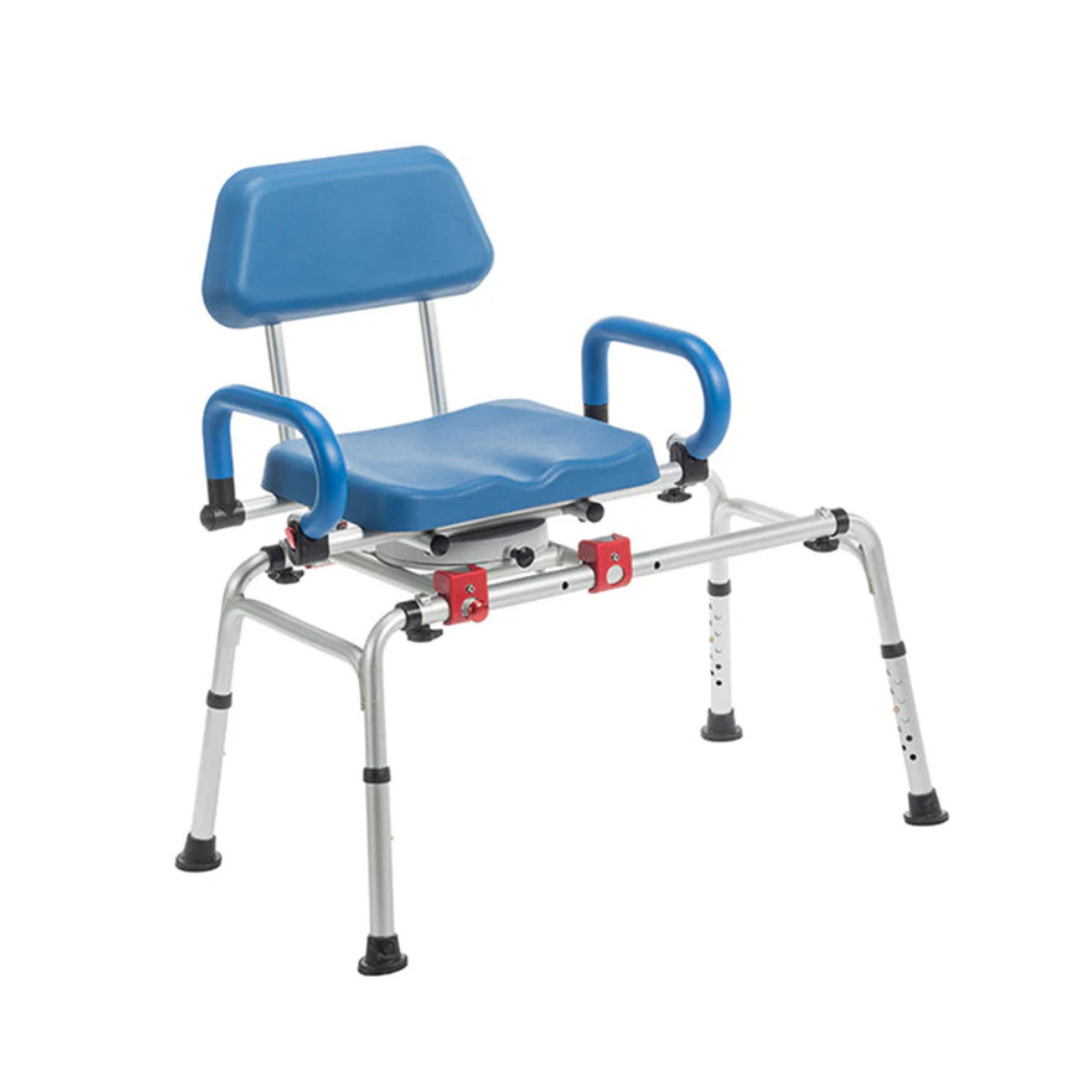 The Journey SoftSecure Rotating Shower Transfer Bench is a blue and silver adjustable bathtub chair with armrests, backrest, supportive legs, Microban antimicrobial protection, and rotates for safe, easy entry and exit.